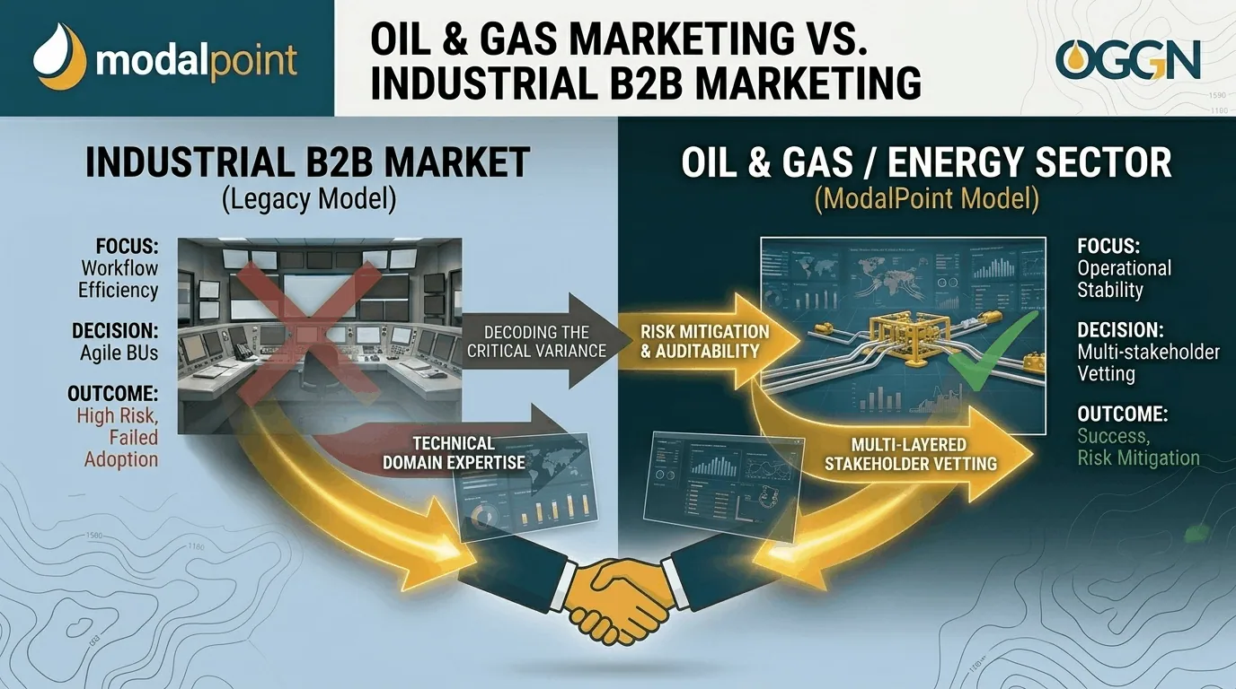 Graphic illustration comparing generic industrial B2B frameworks with specialized energy sector commercialization strategies.