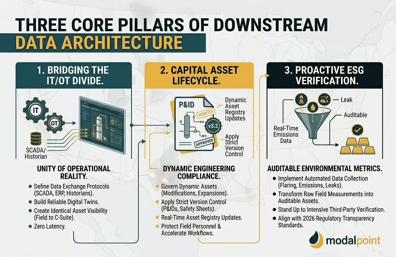 A technical 1070x700 infographic outlining the three core pillars of downstream data architecture: bridging the IT/OT divide, capital asset lifecycle management, and proactive ESG verification, branded for ModalPoint.