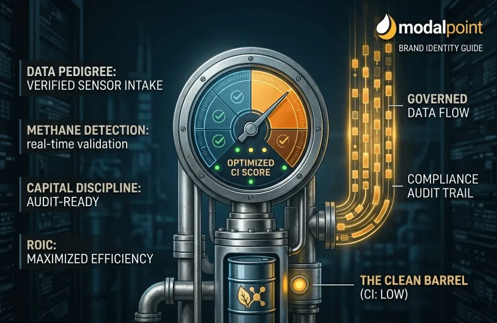 Technical graphic showcasing carbon intensity metrics and data governance pillars for oil and gas compliance.