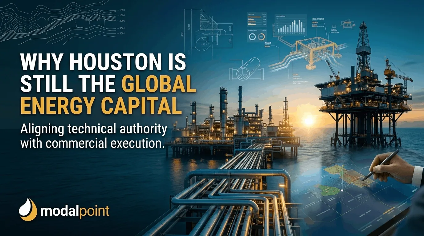 A technical split-screen industrial graphic showing an offshore rig, a downstream refinery plant, and an engineer's hand analyzing a digital twin GIS asset map on a tablet interface, branded with the ModalPoint logo.