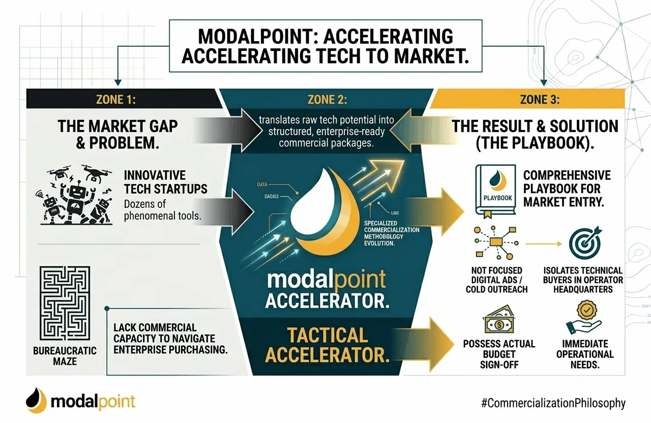 A technical 1070x700 workflow infographic detailing the ModalPoint Accelerator market entry playbook, illustrating the transition from raw tech potential to structured commercial packages across three distinct zones, branded with the #CommercializationPhilosophy tag.
