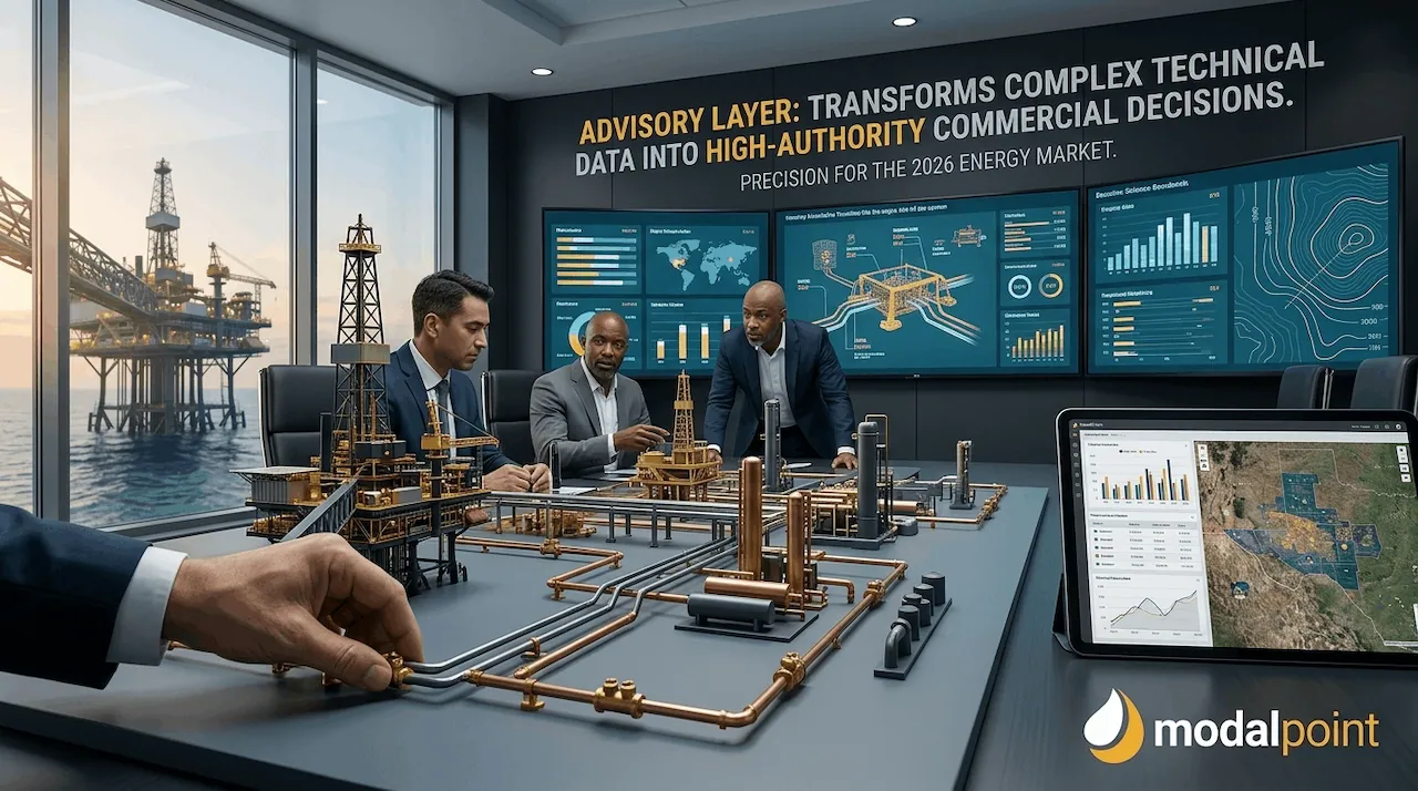 Energy executives analyzing complex upstream oil and gas asset data visualizations in a high-stakes boardroom setting.