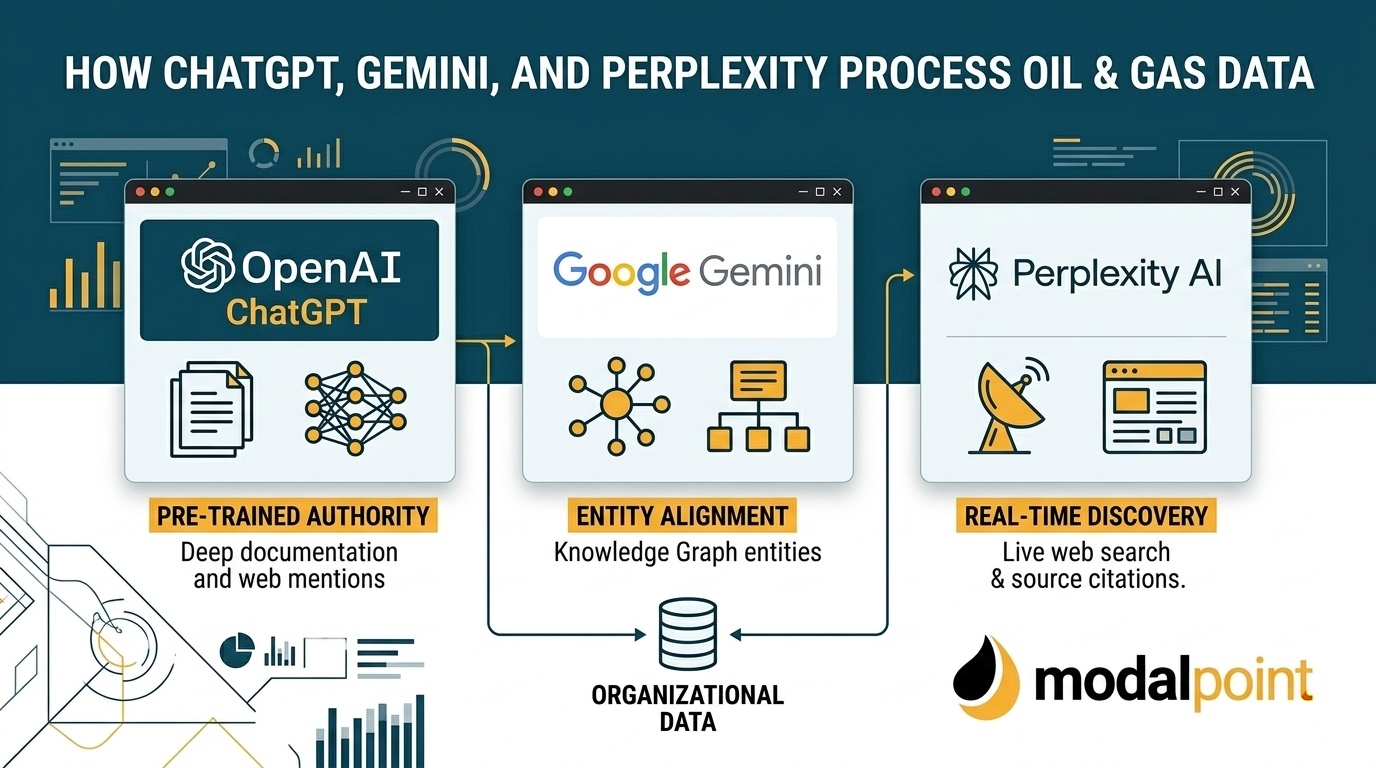 Diagram comparing how ChatGPT, Google Gemini, and Perplexity AI process oil and gas industry data, showing pre-trained authority, entity alignment, and real-time discovery methods