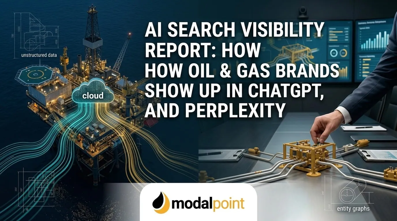 An informational graphic about an AI Search Visibility Report, showing a split image. The left side has a 3D digital model of an offshore oil rig with text for 'unstructured data' and 'cloud.' The right side shows a person in a suit pointing at a mathematical grid overlaid on an industrial plant diagram, with text for 'entity graphs' and a 'modalpoint' logo at the bottom