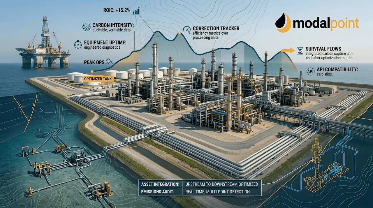 Elevated industrial view of an integrated coastal refinery terminal with data-driven market correction metrics and subsea pipeline schematics.