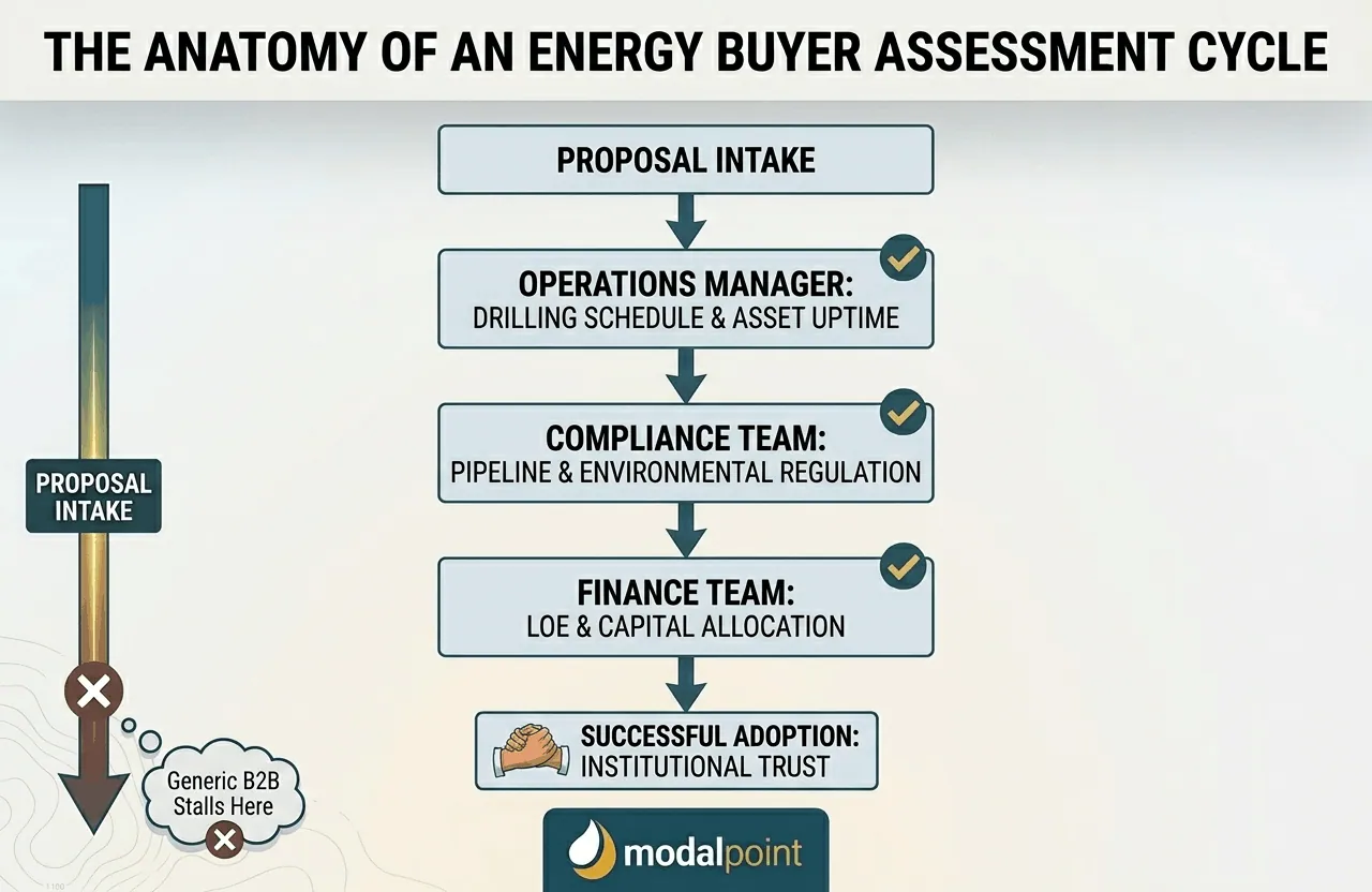 Clean flowchart mapping the energy buyer assessment cycle from proposal intake through operations, compliance, and finance reviews.