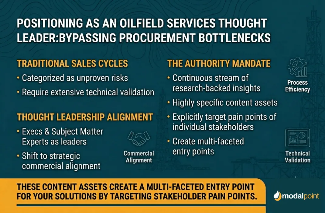 A structured corporate infographic outlining B2B sales cycles versus thought leadership strategies in the oilfield services sector.