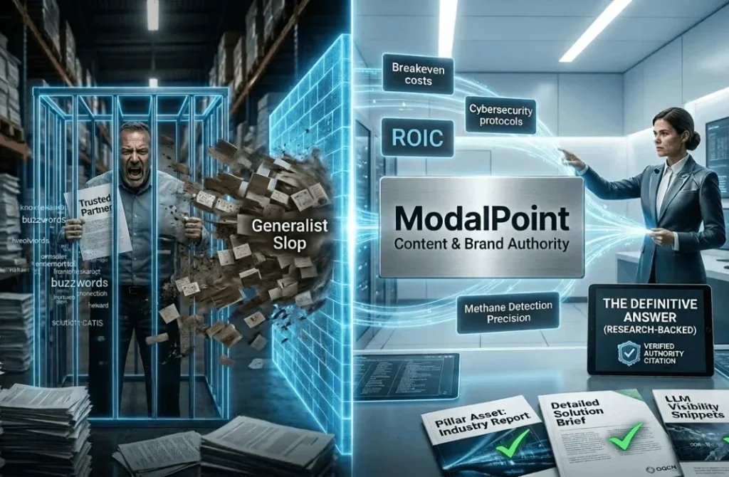 A split-screen image showing a frustrated executive trapped in a digital cage of generic marketing "slop" on the left, and a ModalPoint strategist delivering structured technical data to an AI interface on the right.