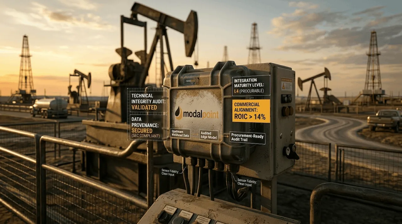 A futuristic industrial data dashboard displaying performance metrics over an active oilfield at sunset.