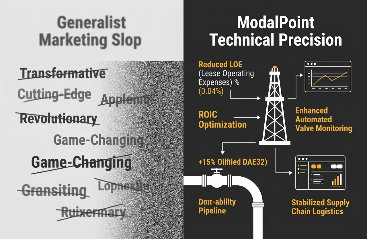 An analytical graphic contrasting generic oilfield marketing buzzwords with high-context financial and operational metrics like LOE, ROIC, and pipeline analytics.