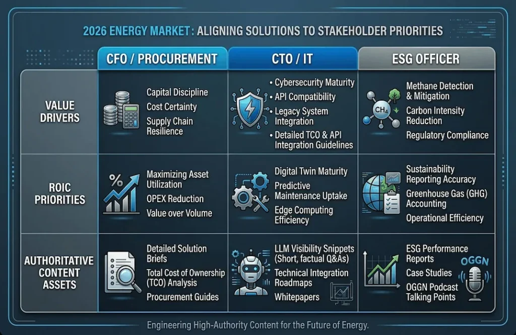 A technical matrix for the 2026 energy market mapping stakeholder priorities across CFO/Procurement, CTO/IT, and ESG Officers. Rows define Value Drivers, ROIC Priorities, and Authoritative Content Assets such as TCO Analysis, Digital Twin maturity, and methane mitigation. Professional blue and metallic industrial aesthetic.
