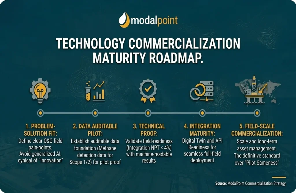 An infographic timeline on a teal background titled "Technology Commercialization Maturity Roadmap." Five numbered steps with icons and text describe the process from defining O&G field pain points to achieving field-scale commercialization. Includes the "modalpoint" logo in the top left and "Source: ModalPoint Commercialization Strategy" in the bottom right.