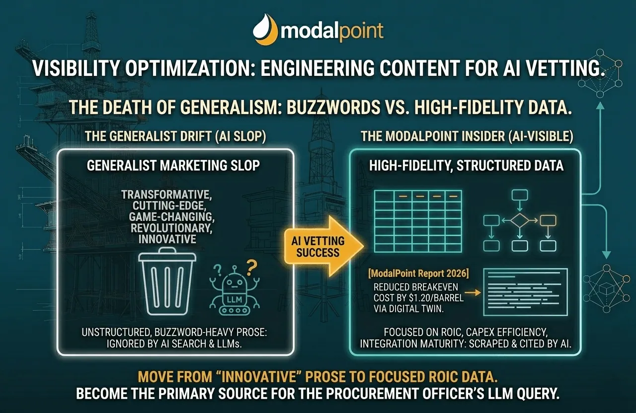 Infographic comparing 'AI Slop' (unstructured buzzwords) with 'AI-Visible' content (structured data on ROIC and Breakeven) for successful machine-read visibility optimization.