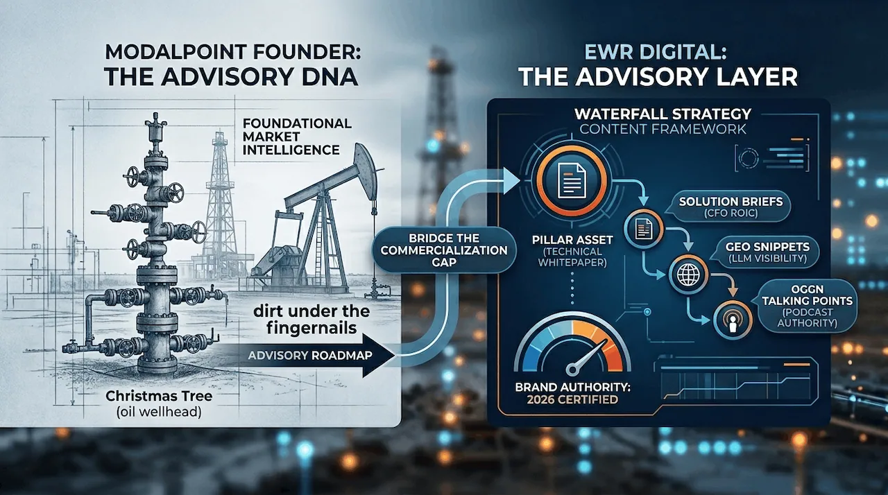 Infographic mapping the fusion of Modalpoint’s advisory DNA with EWR Digital’s high-authority digital execution and Waterfall Strategy for 2026.