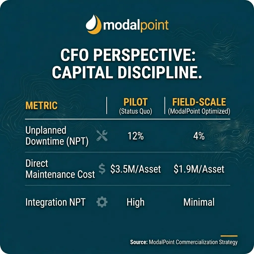 A single, square high-authority text infographic for an oil and gas CFO. It features a clean data table with white and yellow typography on a deep teal background. The table compares Status Quo vs. ModalPoint Optimized asset performance metrics, including Unplanned Downtime, Direct Maintenance Costs, and Integration NPT, providing evidence of Value over Volume and Projected ROIC.