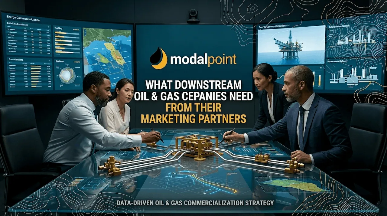 Four executives in a high-tech conference room discussing downstream oil and gas marketing.
