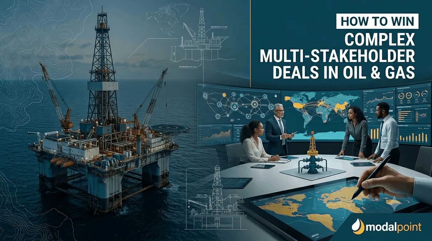 Offshore oil rig and a corporate boardroom team using data screens and subsea wellhead model.