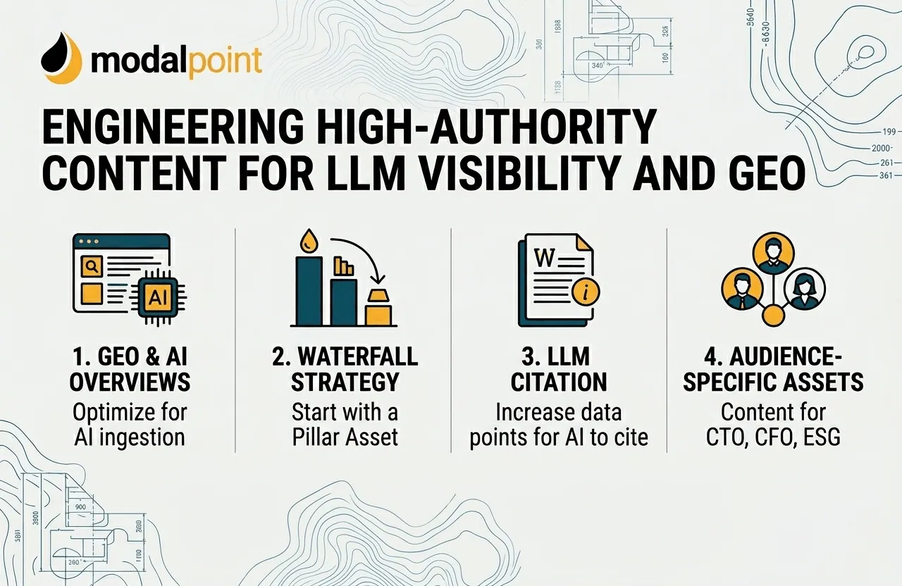 Infographic outlining ModalPoint's four-pillar strategy for engineering high-authority content for LLM visibility and GEO.