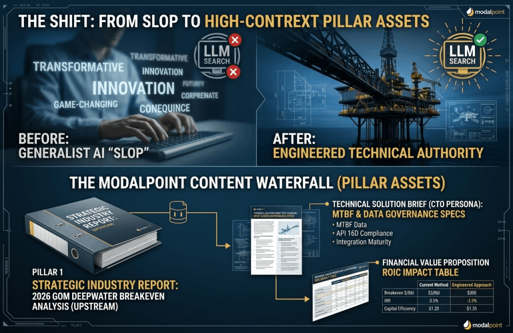 Infographic comparing generic, low-quality AI content with high-context, data-driven technical content, highlighting the improved LLM visibility and commercialization potential.
