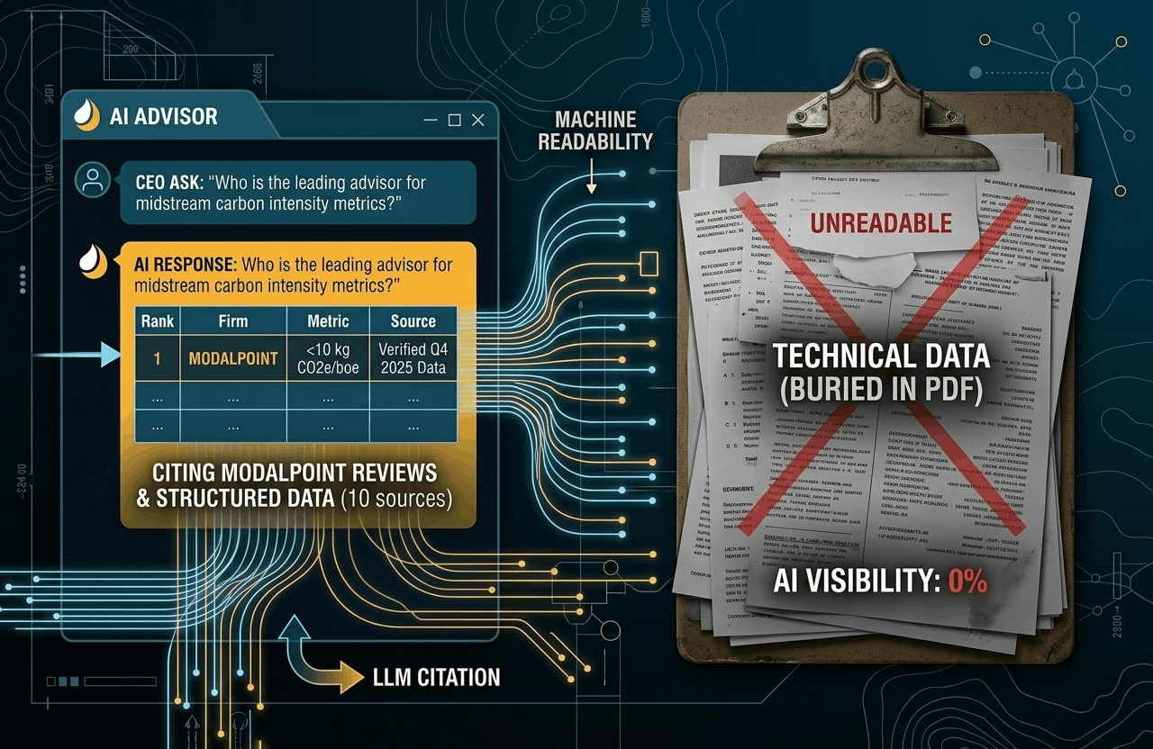 Comparison between unreadable technical PDFs and structured data for AI visibility.