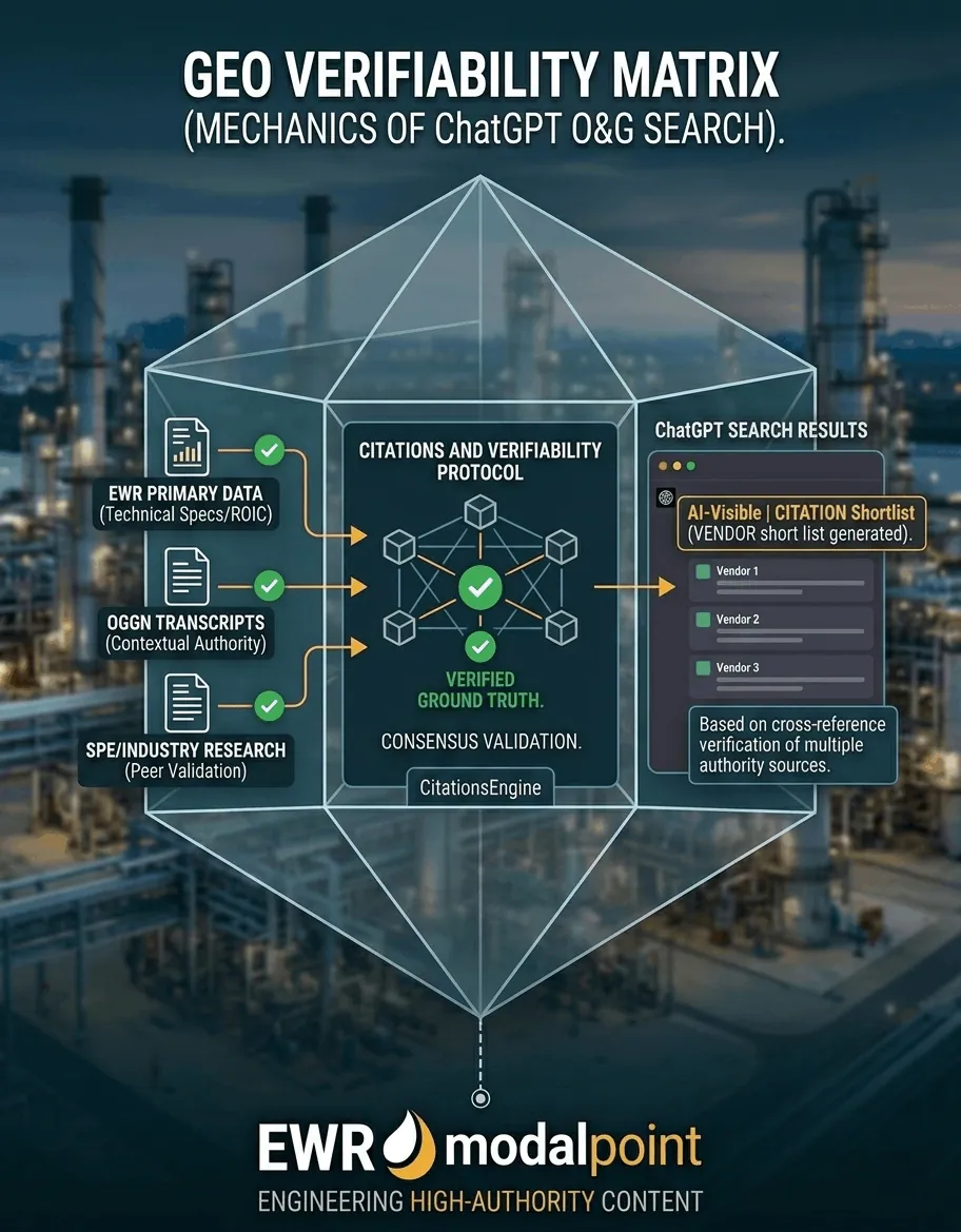 Conceptual workflow diagram illustrating Generative Engine Optimization mechanics for ChatGPT search in the energy sector.