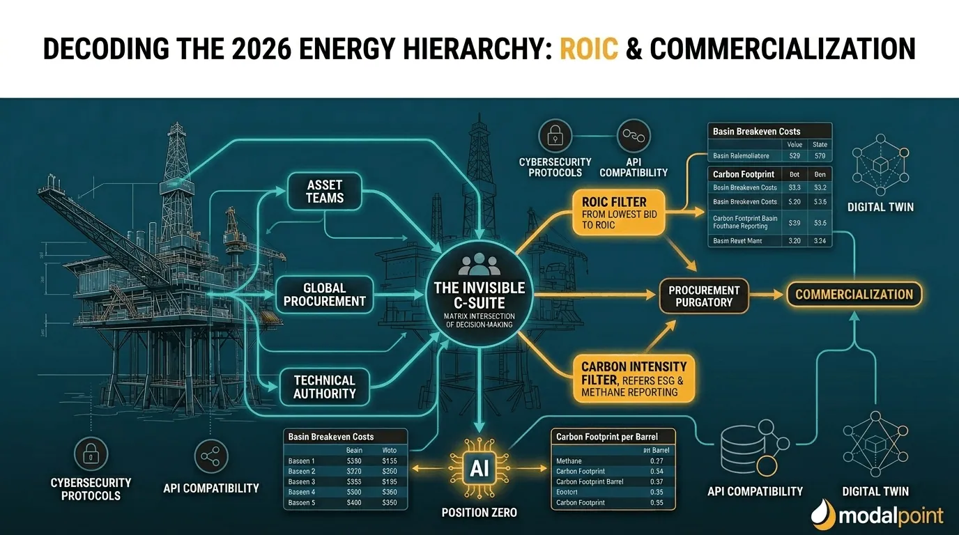 A visual hierarchy map of the 2026 energy market. An offshore oil platform is overlaid with blue data interfaces and connected nodes symbolizing Asset Teams, Procurement, Technical Authority, and ESG Officers. Key industrial KPIs like ROIC and Carbon Intensity are visible in glowing Deep Sea Teal and Solar Gold. The background is a sophisticated network diagram.