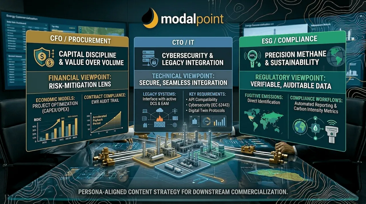 Infographic dashboard detailing content strategies for CFO, CTO, and ESG personas in downstream oil and gas.
