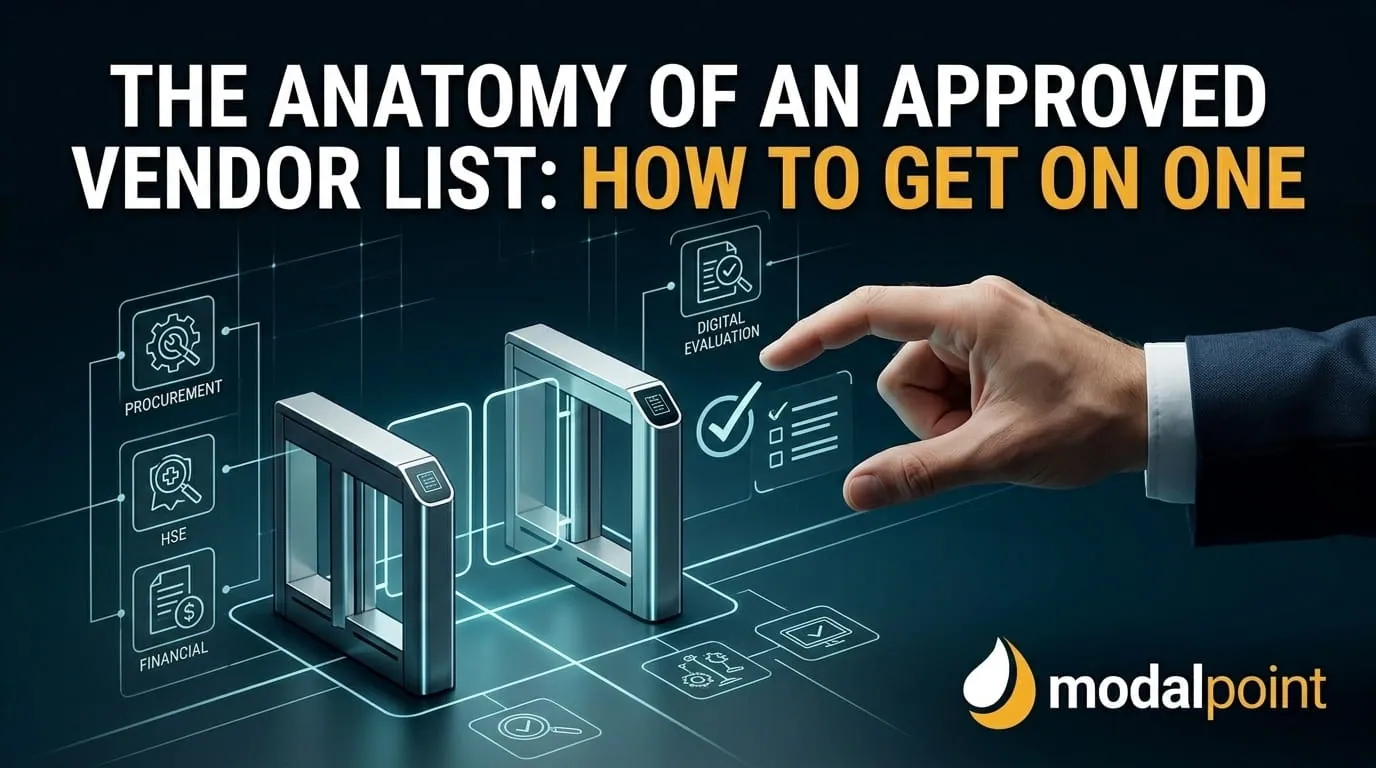 Hero image titled "The Anatomy of an Approved Vendor List: How to Get On One" showing a digital security turnstile interface with procurement, HSE, financial, and digital evaluation icons