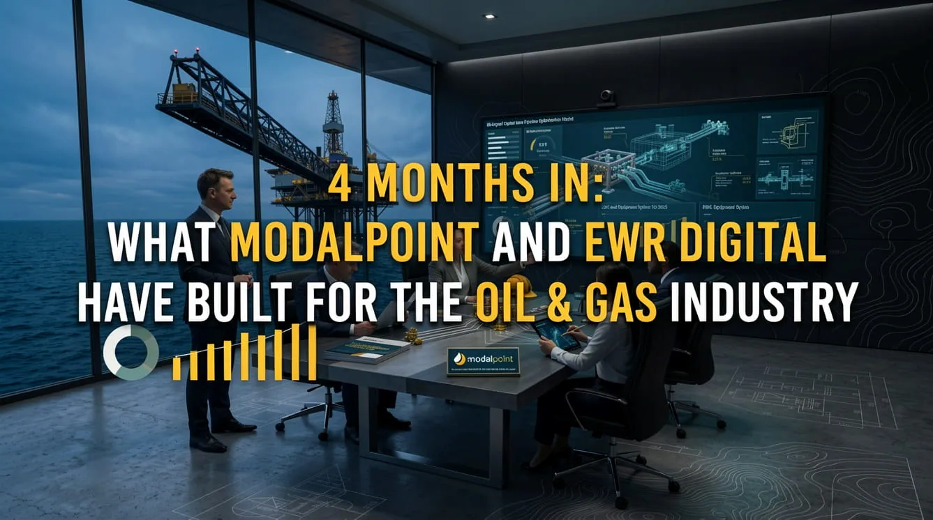 An industrial boardroom overview showing an executive meeting with a large digital twin pipeline model and ROIC data chart on screen, an offshore oil rig visible through the window, and a text overlay reading "4 Months In: What ModalPoint and EWR Digital Have Built for the Oil & Gas Industry