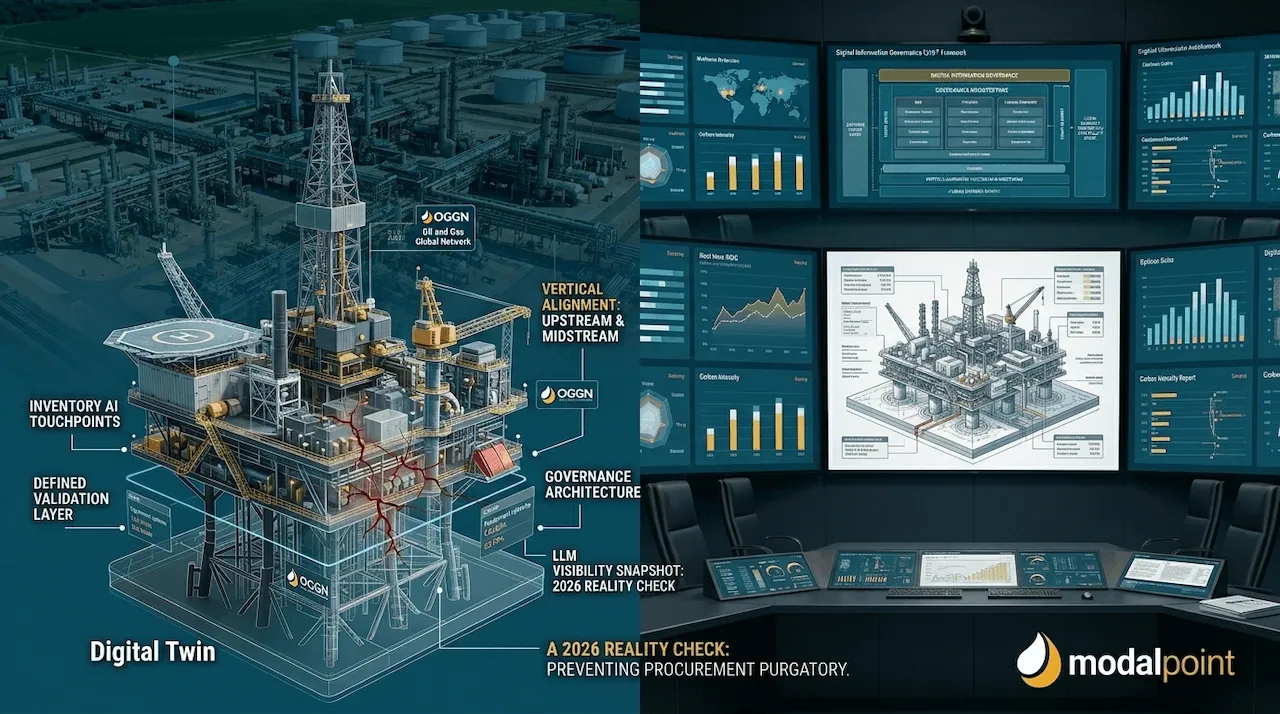 An infographic featuring a digital twin model of an oil platform and a multi-screen control room.