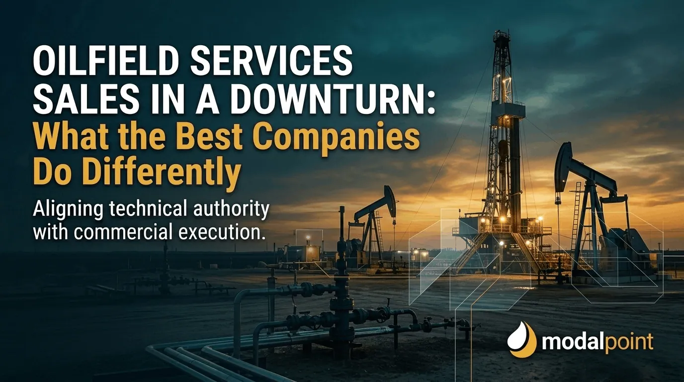 A technical 1280x720 hero graphic overlay with the title 'Oilfield Services Sales in a Downturn: What the Best Companies Do Differently,' featuring pump jacks and a drilling rig silhouette against an industrial sunset background, branded with the ModalPoint logo.