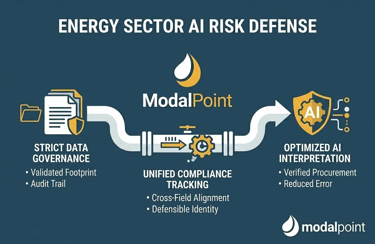 ModalPoint infographic illustrating the data flow from strict governance through unified compliance to optimized AI interpretation in the energy sector.