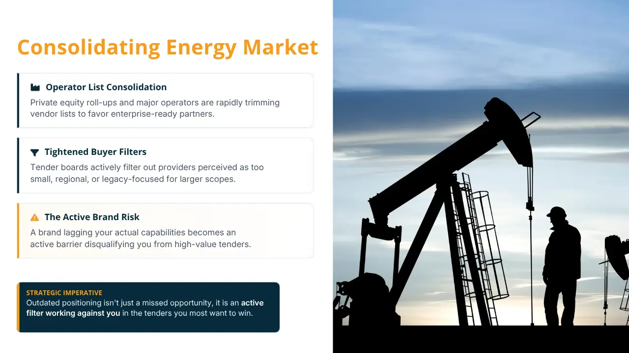 Infographic titled "Consolidating Energy Market" highlighting operator vendor list trimming and brand risk alongside a silhouette of an oil pumpjack worker.