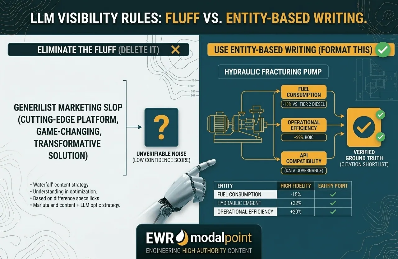 A vertical infographic comparison titled LLM Visibility Rules: Fluff vs Entity-Based Writing, illustrating unverifiable marketing buzzwords versus structured technical data like ROIC and fuel consumption.