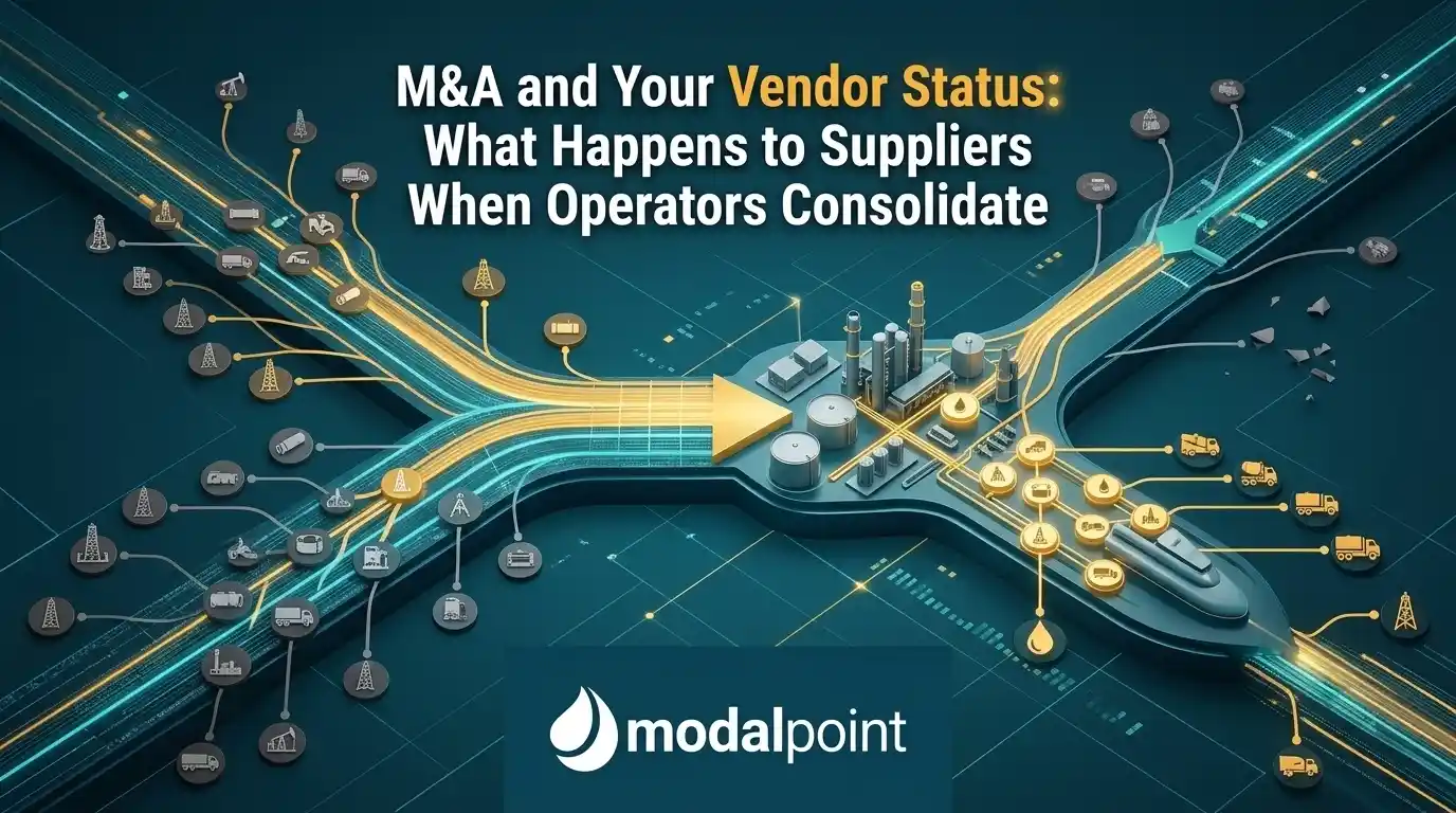 Infographic showing oil and gas supplier networks converging into a merged operator hub, illustrating vendor consolidation during M&A