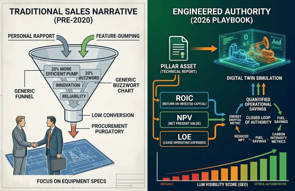 Infographic comparing traditional "Feature-Dumping" (left) with EWR Digital’s "Value-Modeling" (right), which translates technical specs into CFO-level drivers like ROIC, NPV, and LOE.