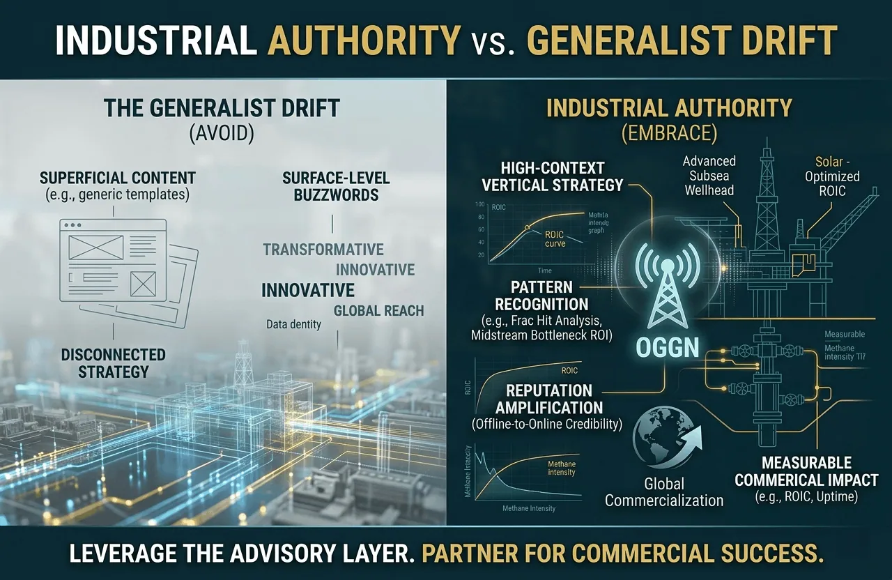 Comparison infographic titled "Industrial Authority vs. Generalist Drift," contrasting generic marketing buzzwords with technical data-driven energy content.
