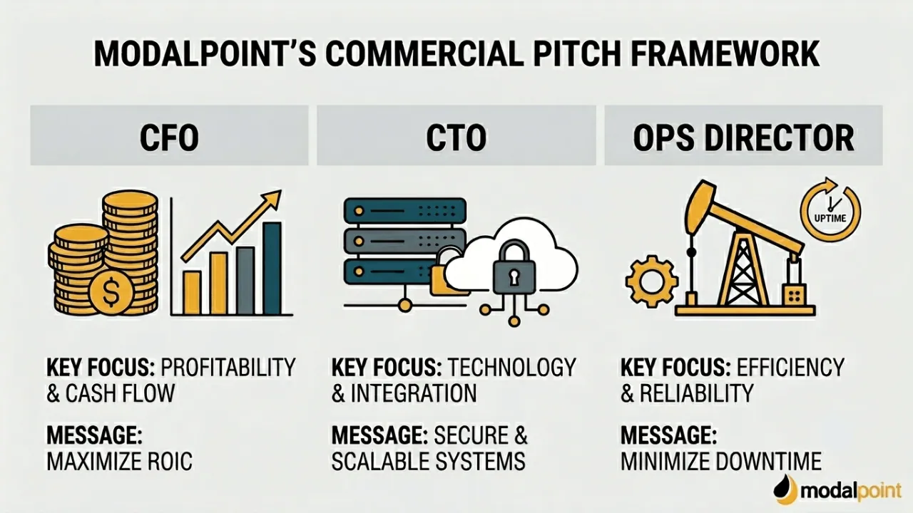 Infographic of Modalpoint's Commercial Pitch Framework for CFO, CTO, and OPS DIRECTOR stakeholder personas.