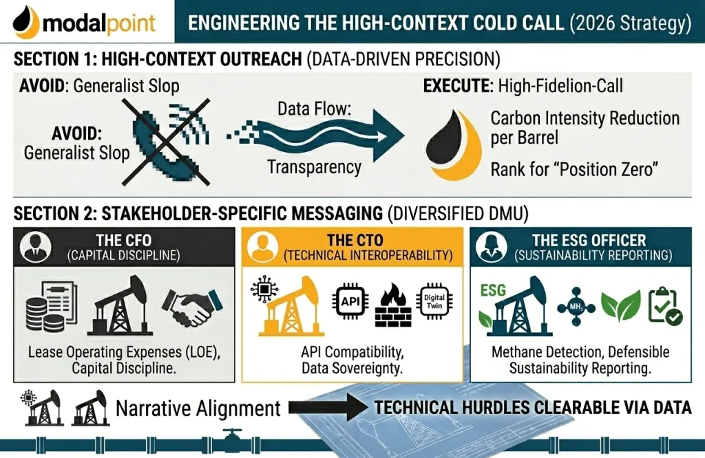 A strategic infographic detailing high-context outreach methods and stakeholder-specific messaging for CFOs, CTOs, and ESG Officers.