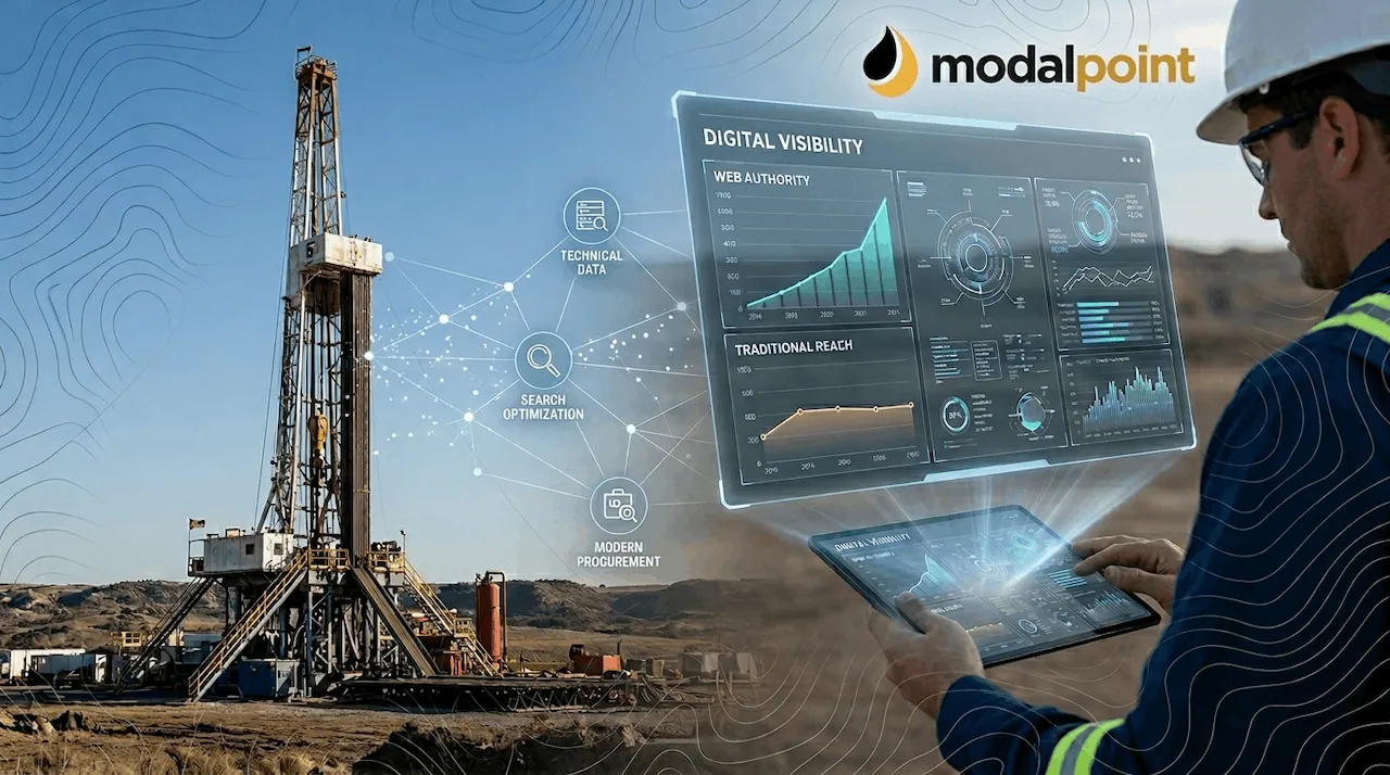 An engineer with a tablet viewing a complex hologram of technical data and search metrics next to a drilling rig, featuring the ModalPoint logo.
