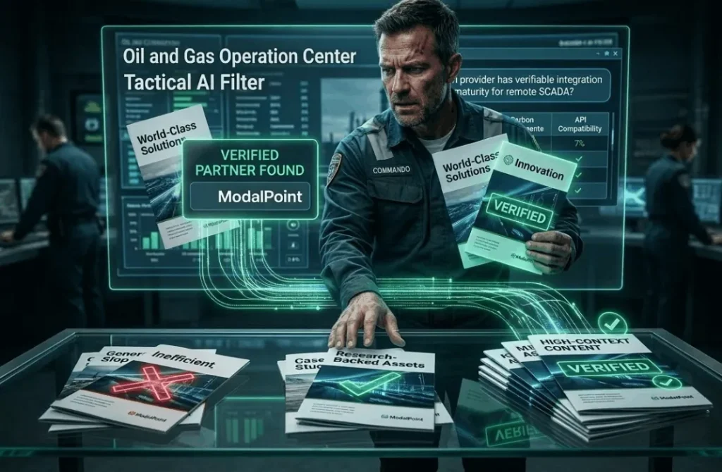 An oilfield operator in a high-tech command center presenting physical brochures. A digital overlay filters "General Slop" with red X's while highlighting "Research-Backed Assets" and "High-Context Content" with green checkmarks. A screen reads "VERIFIED PARTNER FOUND: ModalPoint."
