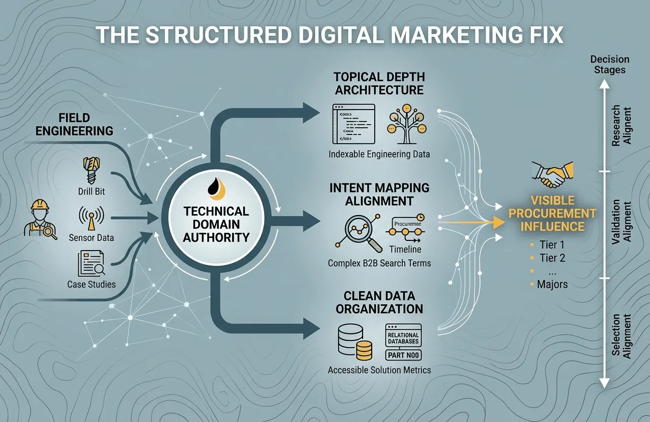 A structured workflow infographic detailing the 'Digital Marketing Fix' for oil and gas, mapping field data to procurement influence.