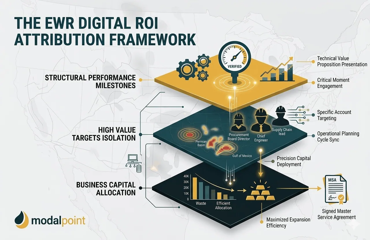 A 1070x700 3D layered schematic breakdown of the EWR Digital ROI Attribution Framework, mapping structural performance milestones, high-value target isolation, and business capital allocation, branded for ModalPoint.