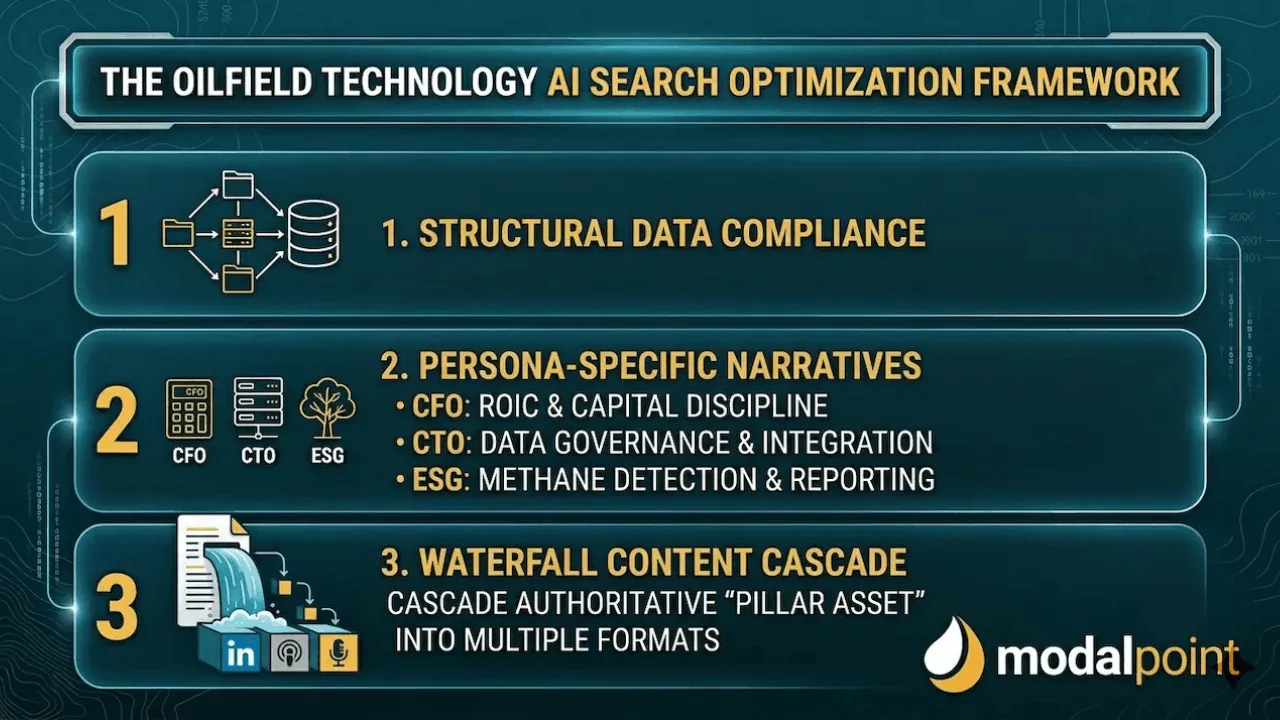 Simplified infographic showing ModalPoint's 3-step Oilfield Technology AI Search Optimization Framework.