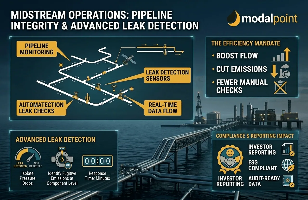 Midstream infrastructure infographic showing pipeline monitoring, leak detection technology, and commercial outcomes.