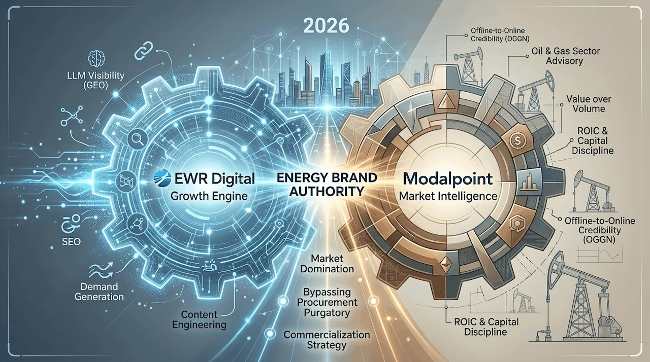 Infographic showing the integration of EWR Digital growth engine and Modalpoint market intelligence into a unified 2026 Energy Brand Authority model.